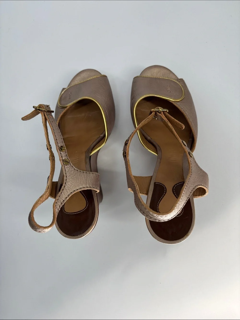 Chloe leather Metallic Peep Toe Ankle Strap Wooden Wedge rare sandal shoes 36